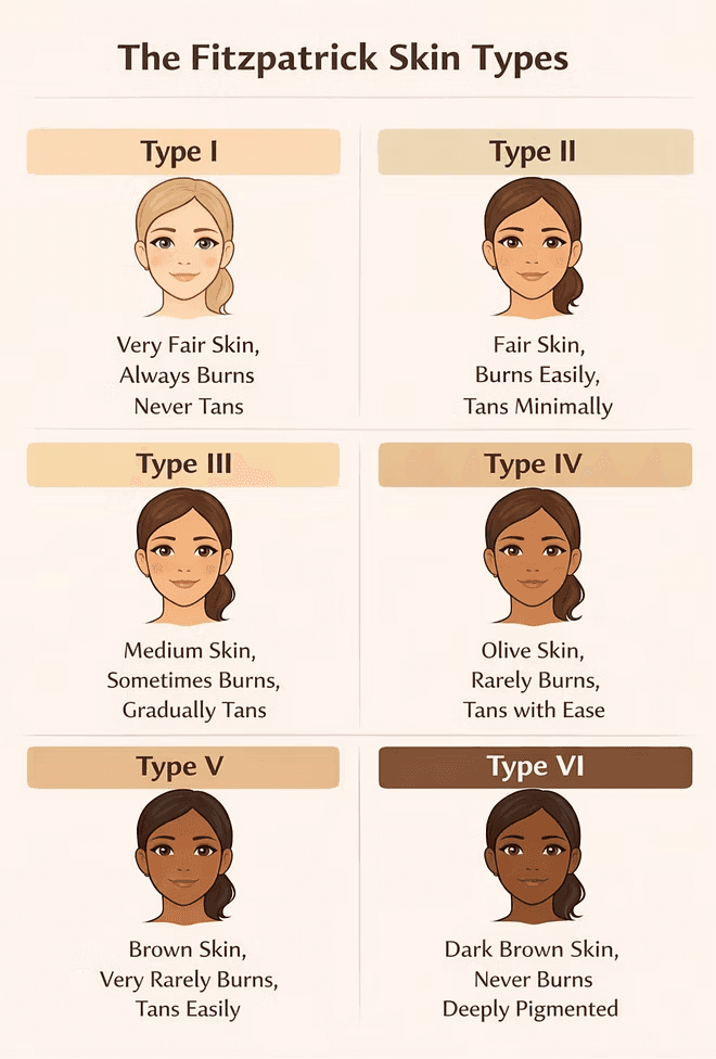 The Fitzpatrick skin types from Type I to Type VI.
