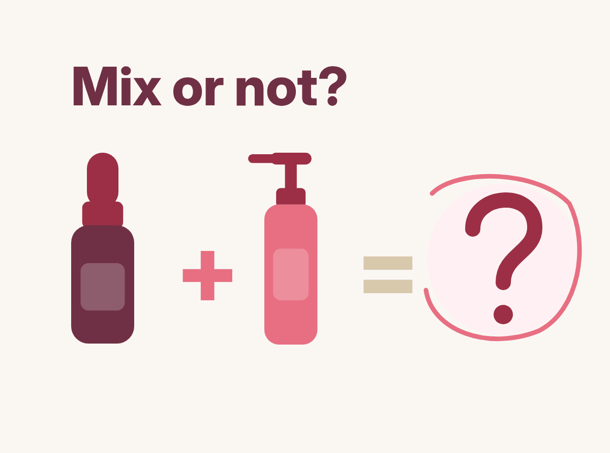 A serum dropper plus a pump bottle equals a question mark, with the words "Mix or not?"