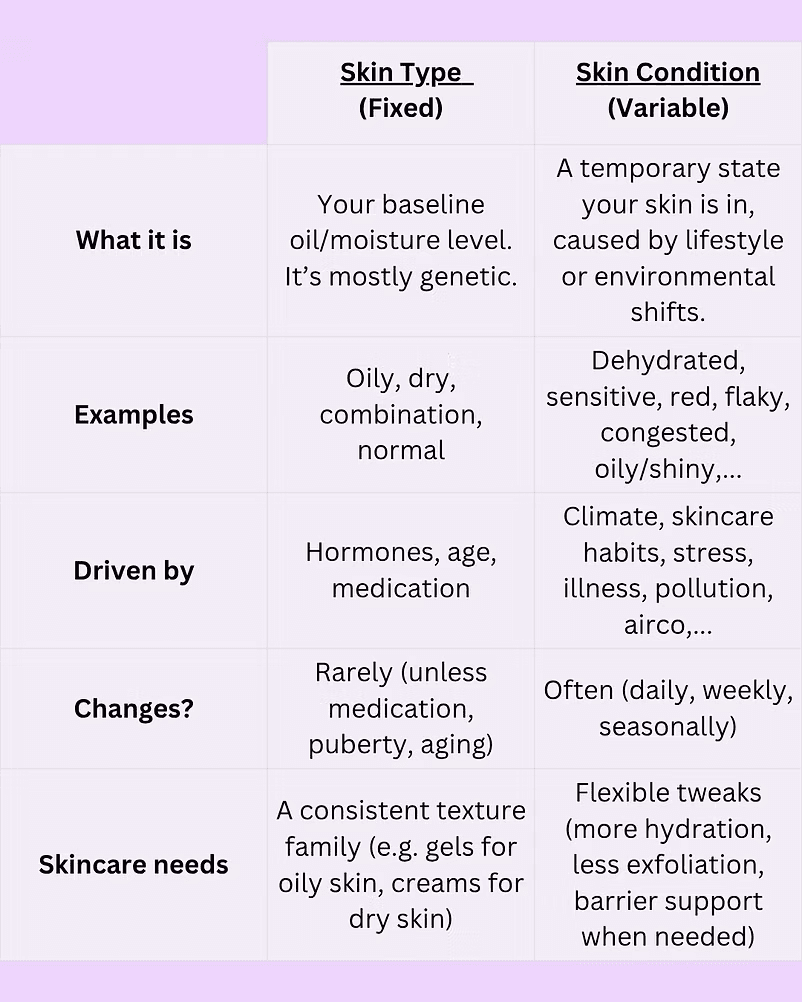 A visual table comparison between skin types and skin conditions.