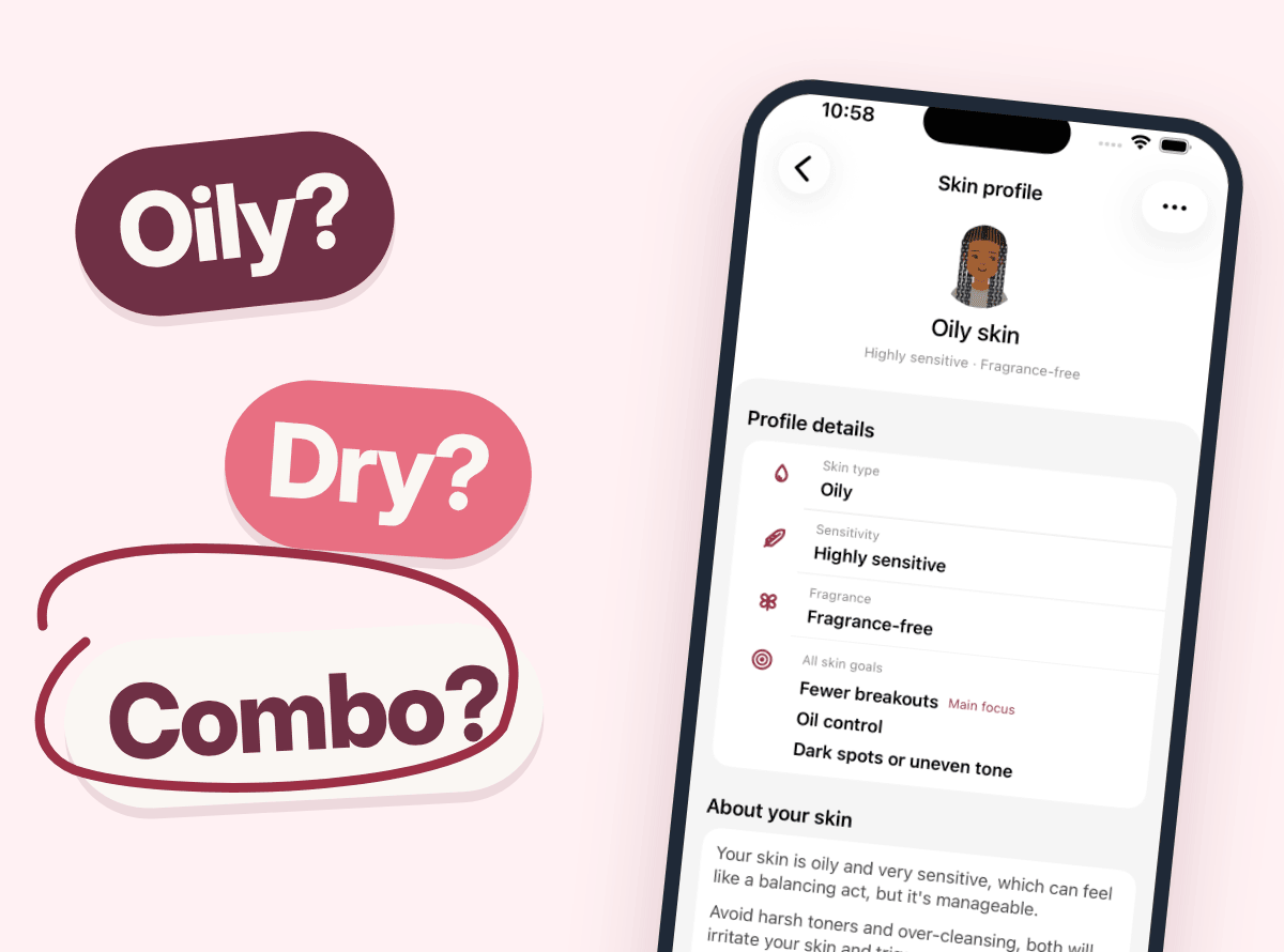 The Estie app's skin profile screen on a tilted phone, next to the tags "Oily?", "Dry?" and "Combo?".