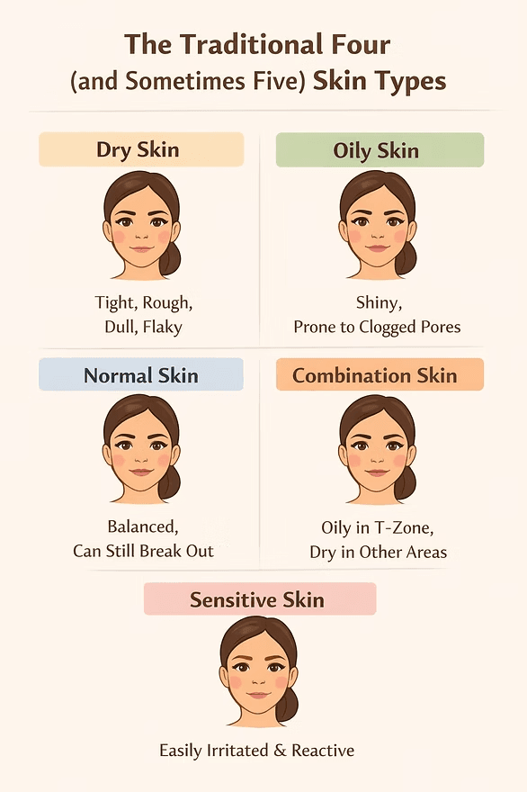 The traditional four and sometimes five skin types with their main characteristics.