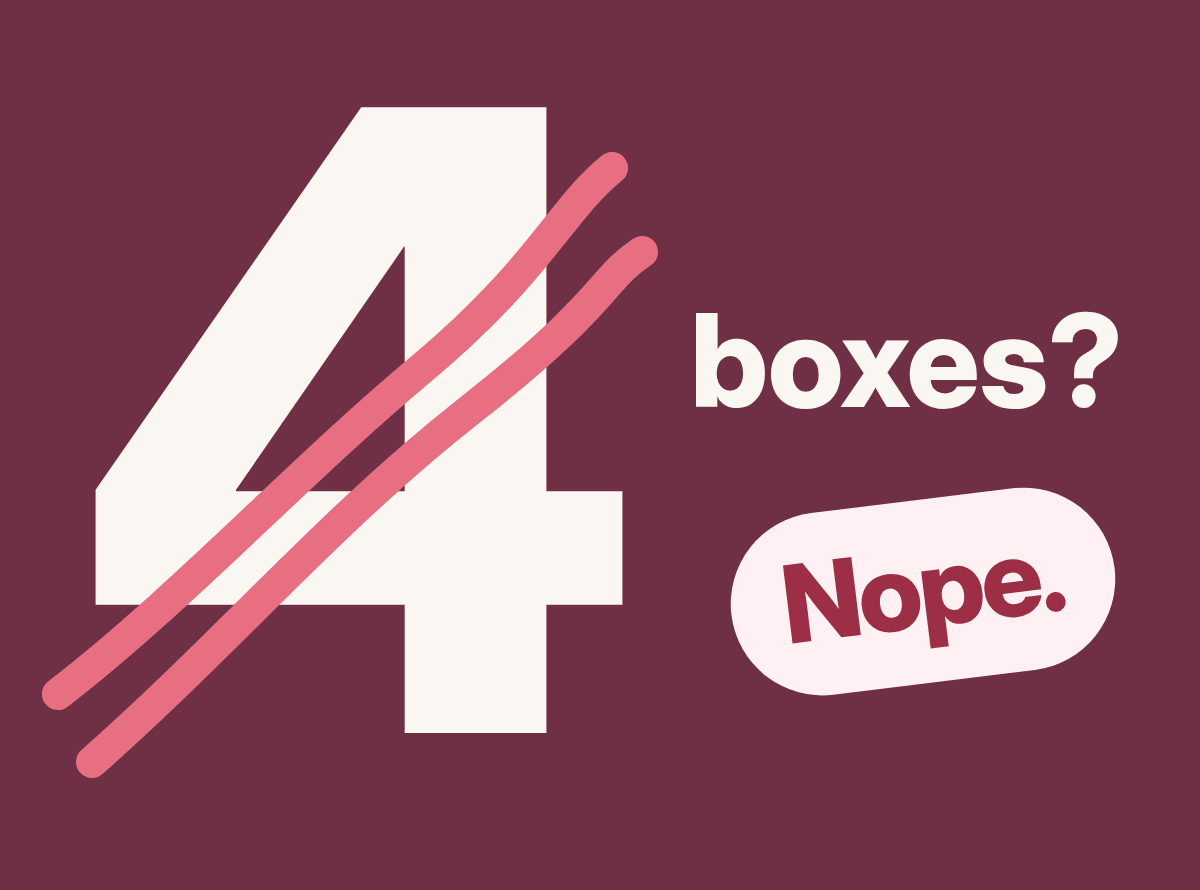 A giant number 4 crossed out on a dark pink background, with the words "boxes? Nope."