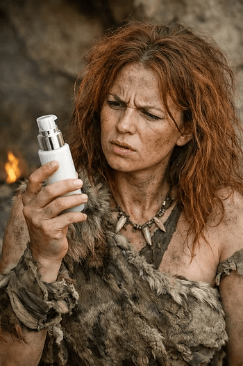 A woman dressed as a cavewoman holding a skincare bottle.