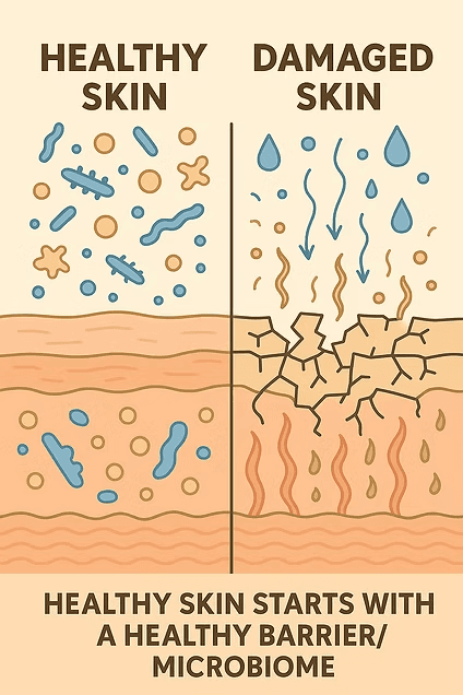 Visual of a healthy skin barrier and a damaged skin barrier.
